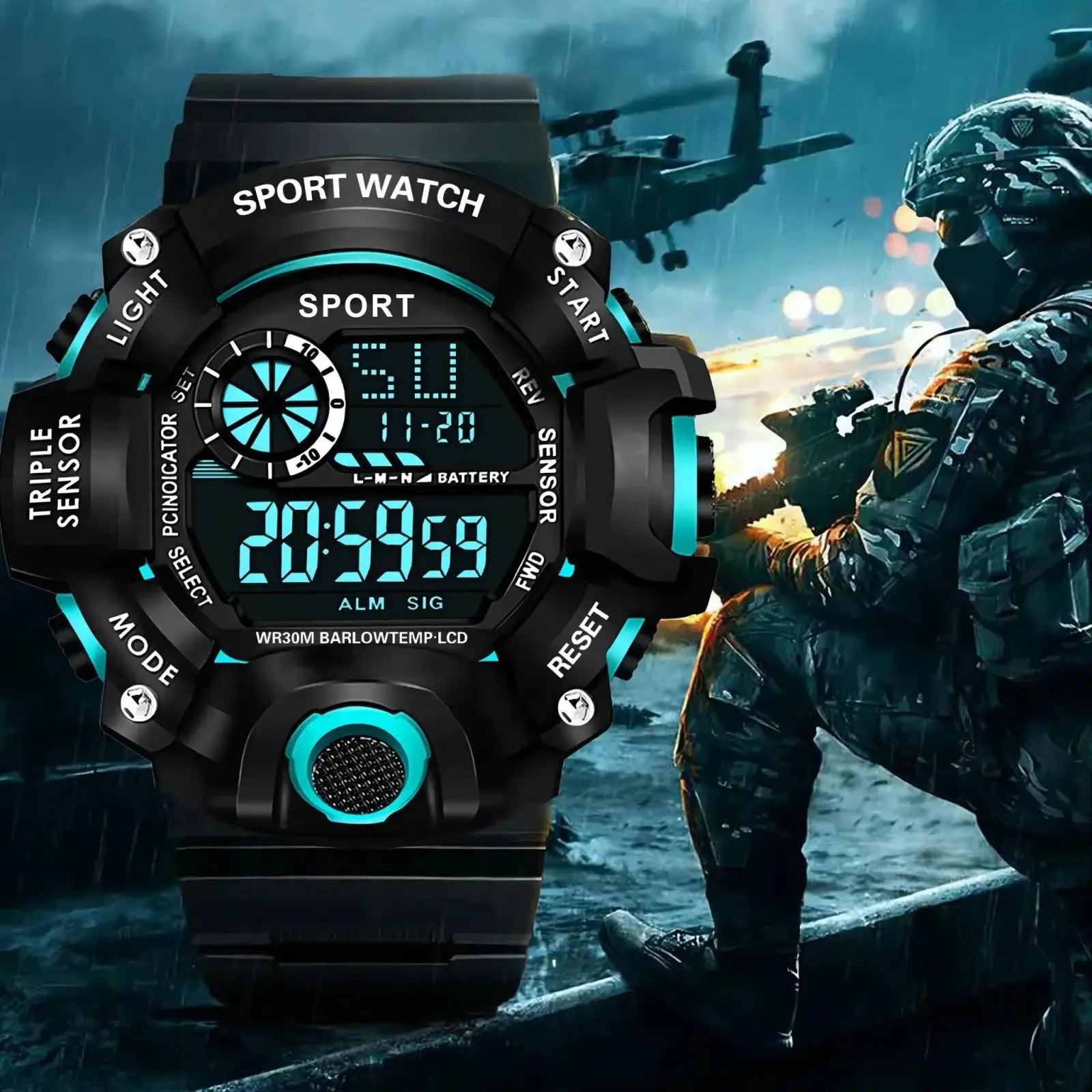 Men’s waterproof digital sports watch in black and teal with rugged tactical design and multiple function buttons