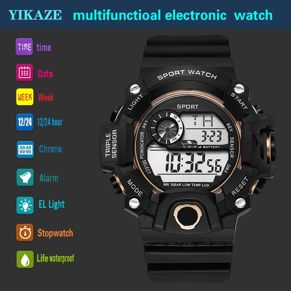 Black Yikaze men’s waterproof digital sports watch with multifunctional electronic display and gold-tone accents