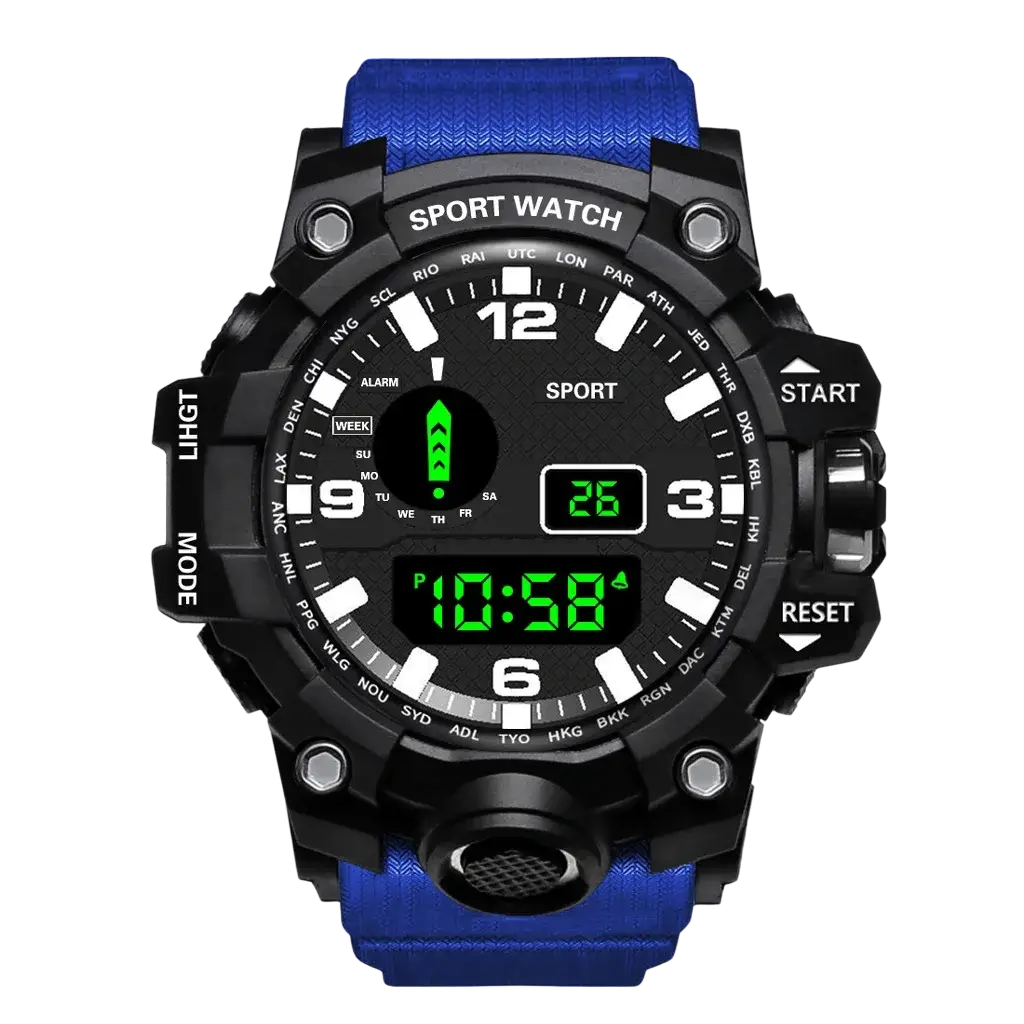 Men’s waterproof digital sports watch in blue with black case and digital display for active use
