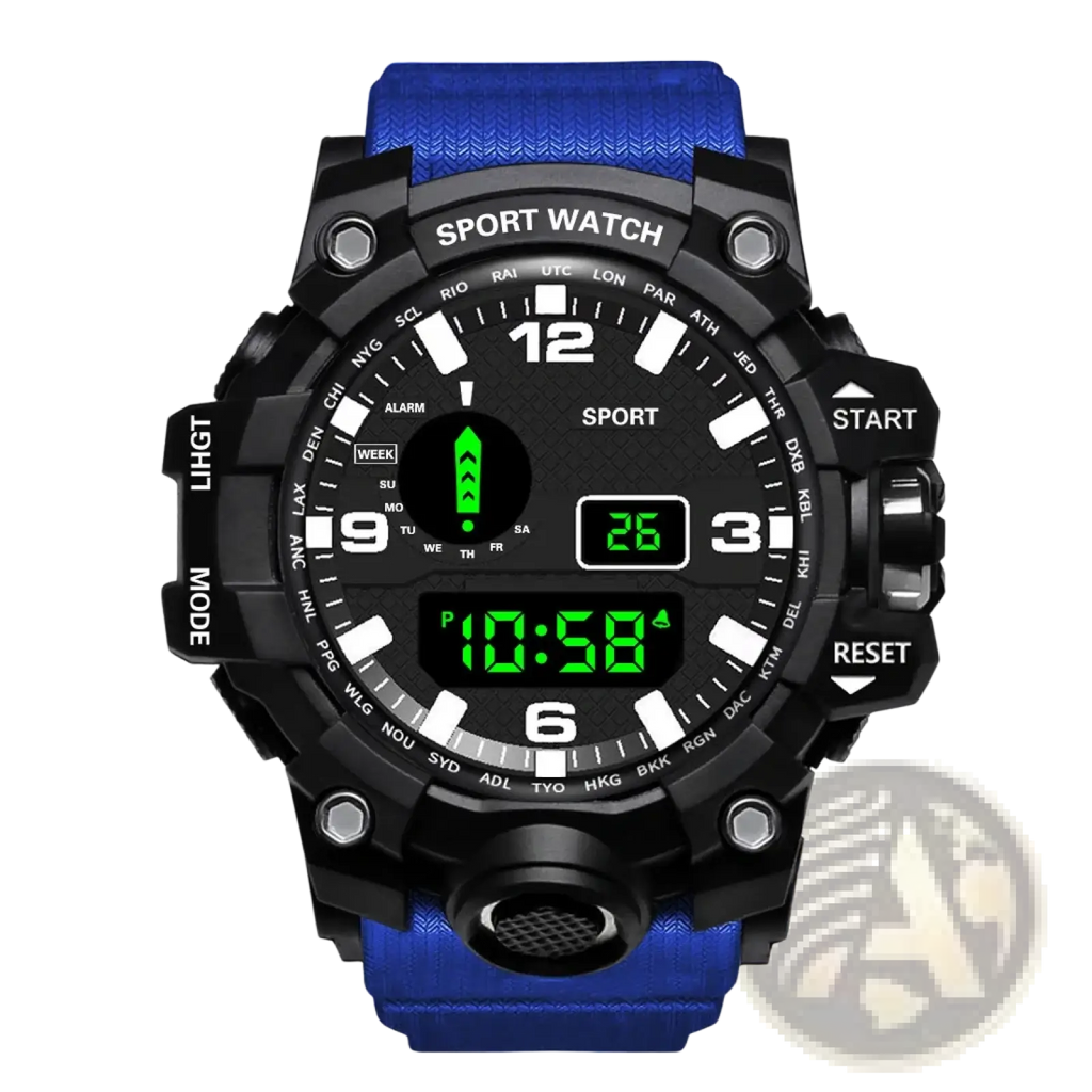 Men’s waterproof digital sports watch in blue with black case and digital display for active use