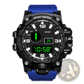 Men’s waterproof digital sports watch in blue with black case and digital display for active use