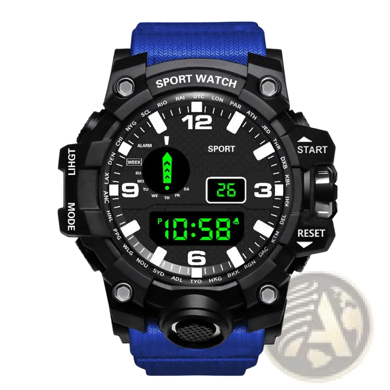 Men’s waterproof digital sports watch in blue with black case and digital display for active use