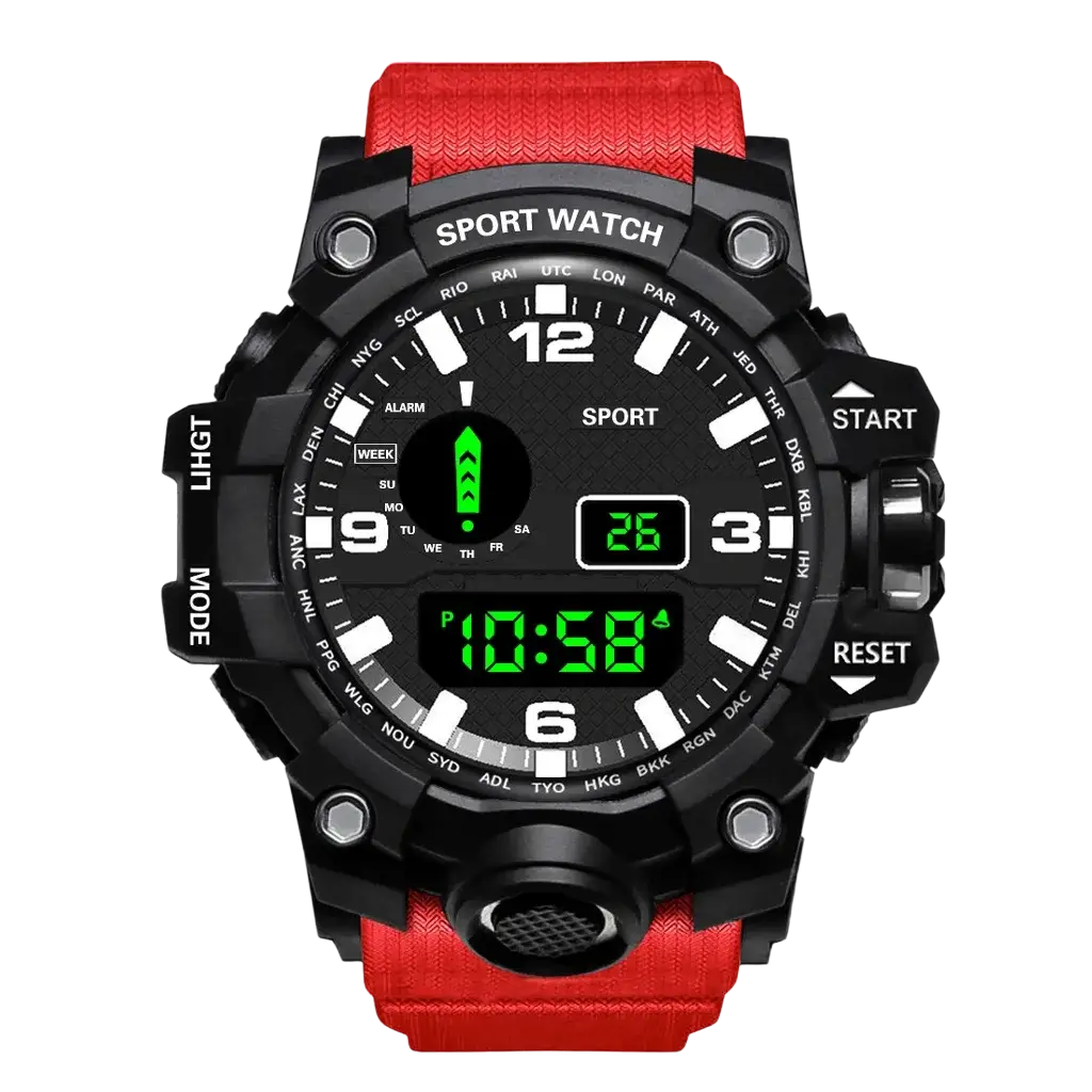 Men’s waterproof digital sports watch featuring a red band, black case, and digital display for active use