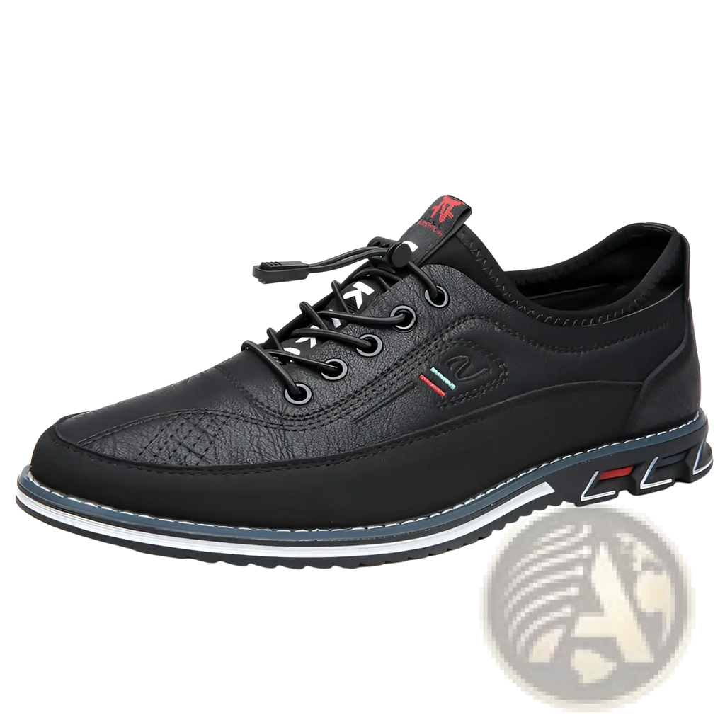 Men’s waterproof genuine leather black sports shoe with textured upper, blue white sole accents, and red logo on tongue