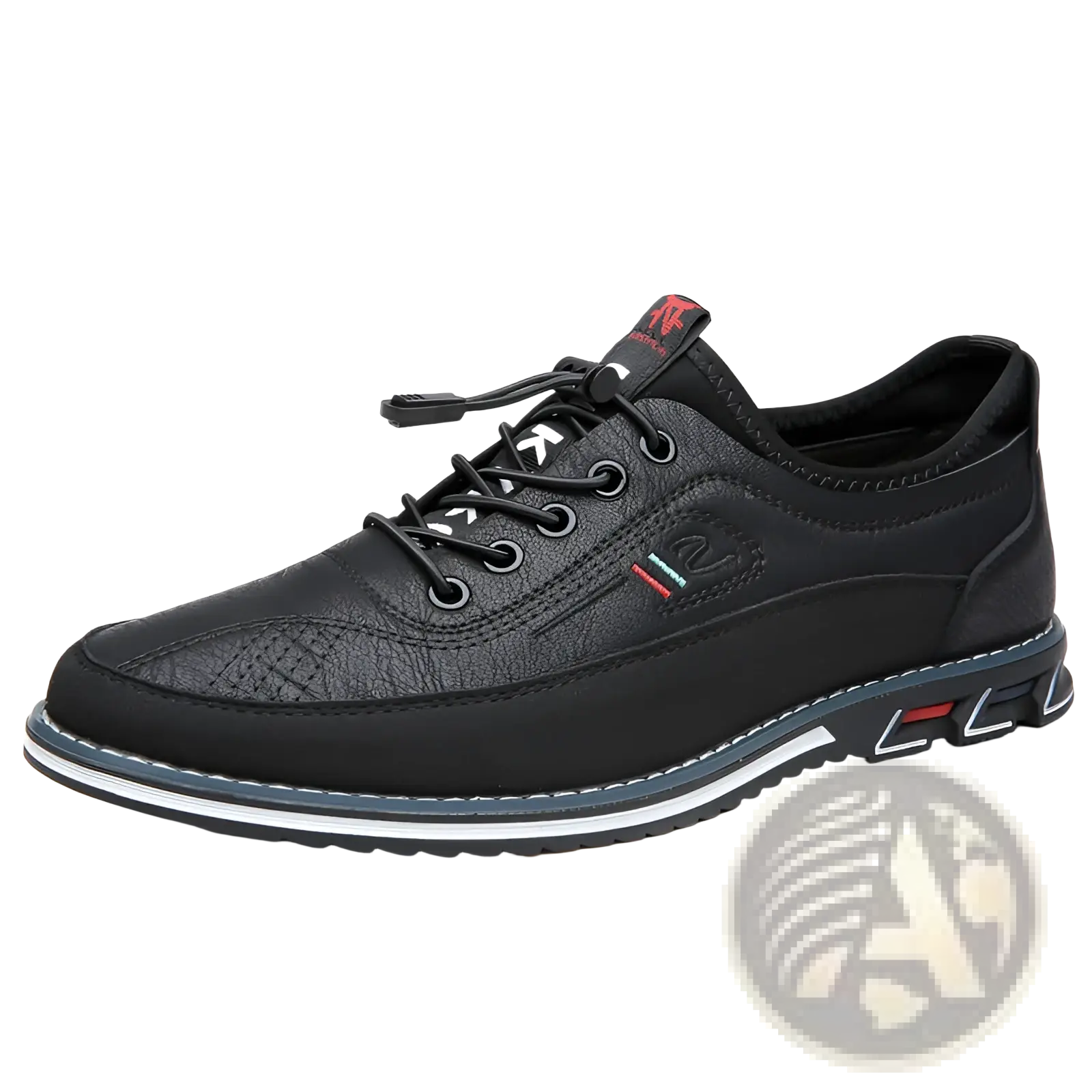 Men’s waterproof genuine leather black sports shoe with textured upper, blue white sole accents, and red logo on tongue