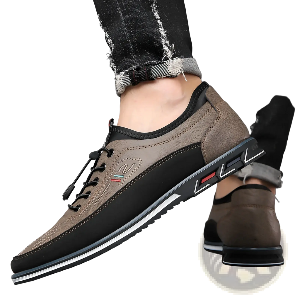 Men’s waterproof genuine leather sports shoes in brown and black with lace-up design and white stripe along the sole
