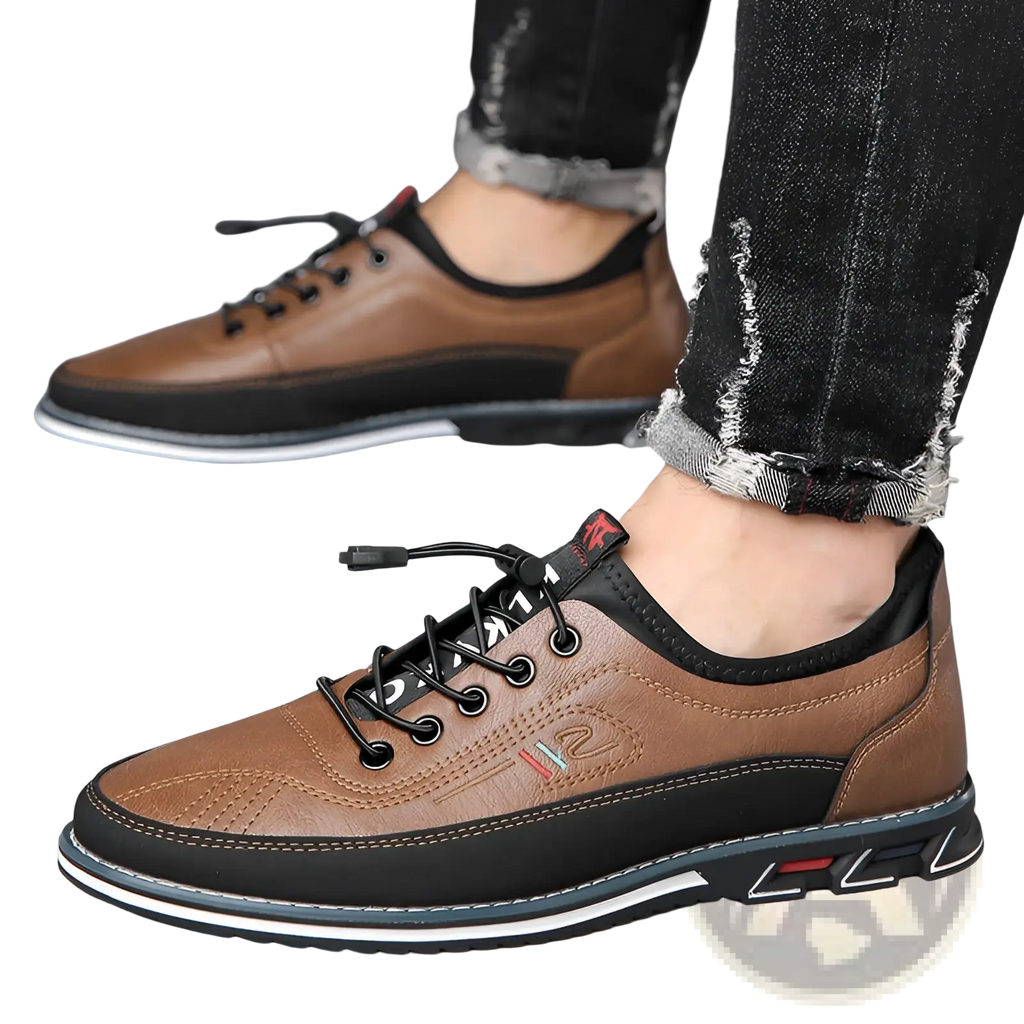 Men’s waterproof genuine leather sports shoes in brown and black with textured toe cap and rubber sole with white and red accents