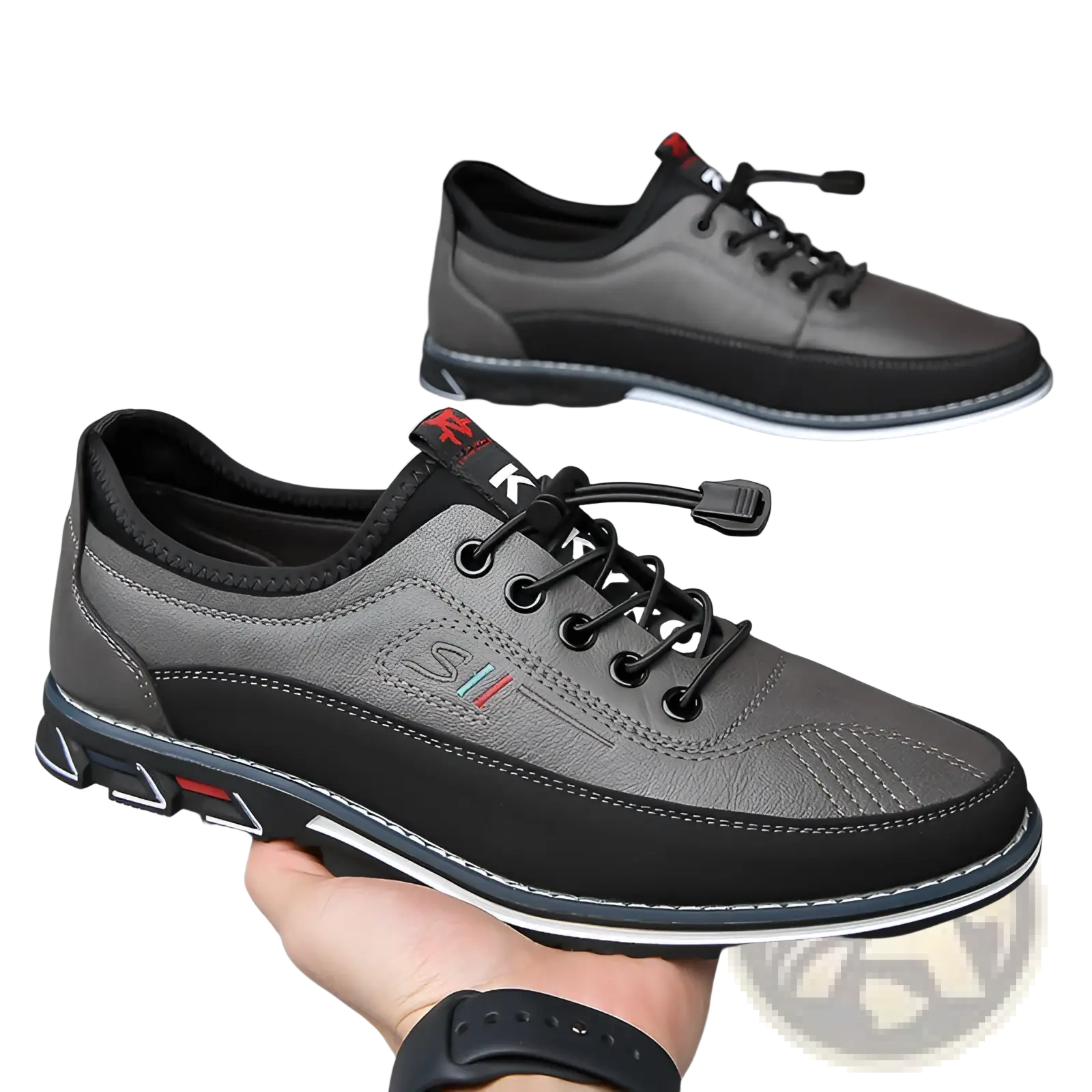 Men’s waterproof genuine leather sports shoes gray and black with white sole and red heel tab visible from the back side