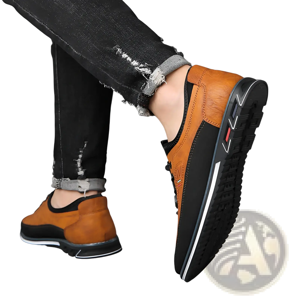 Men’s waterproof genuine leather sports shoes in tan and black suede with a sleek modern design