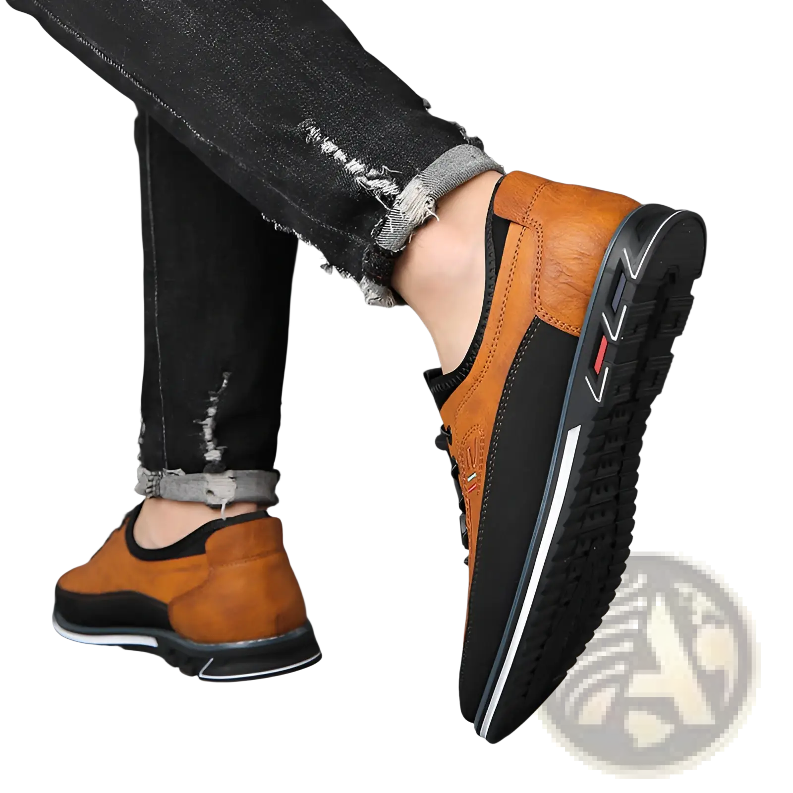 Men’s waterproof genuine leather sports shoes in tan and black suede with a sleek modern design