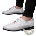 Men’s waterproof genuine leather sports shoes in white with black and red accents on sole and laces