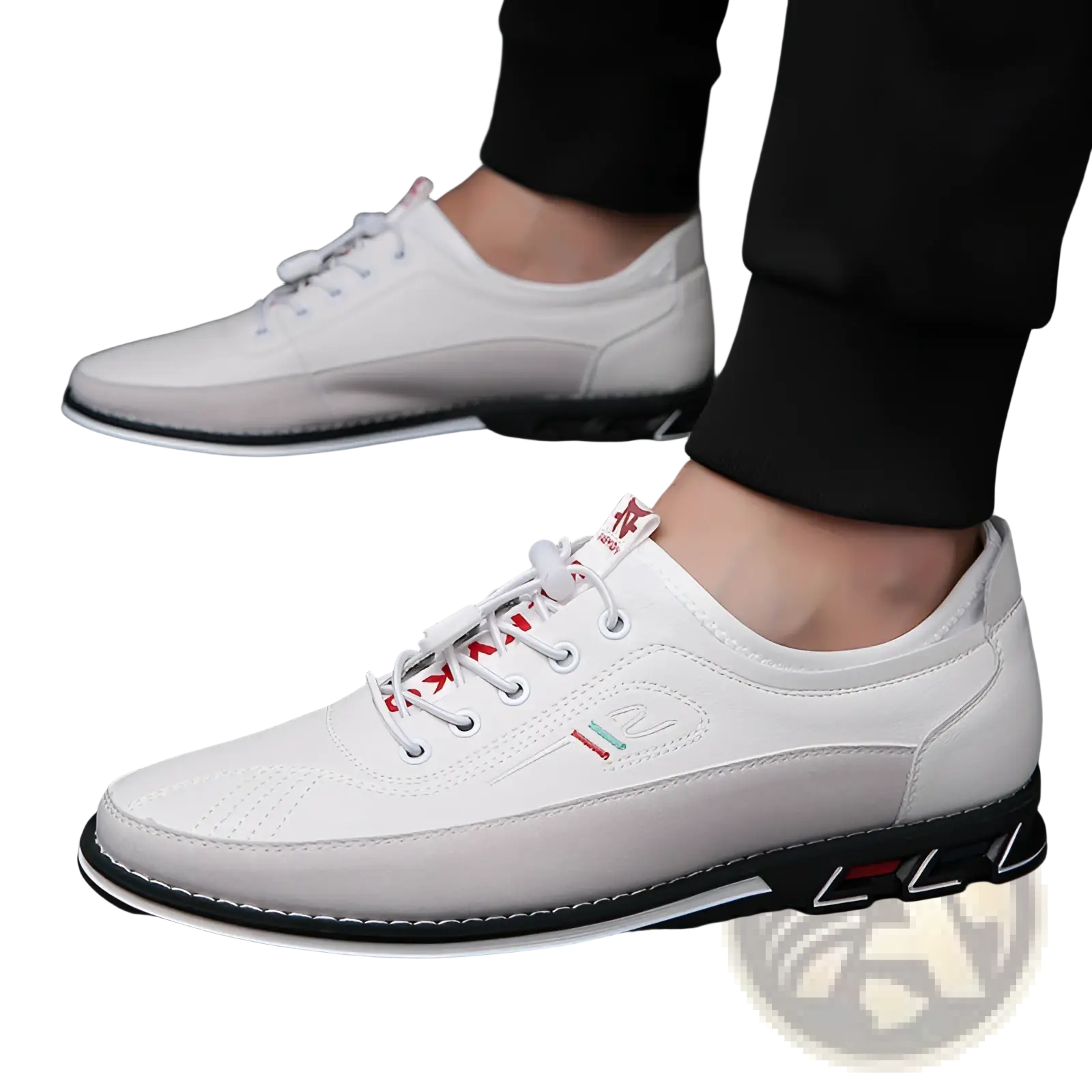 Men’s waterproof genuine leather sports shoes in white with black and red accents on sole and laces