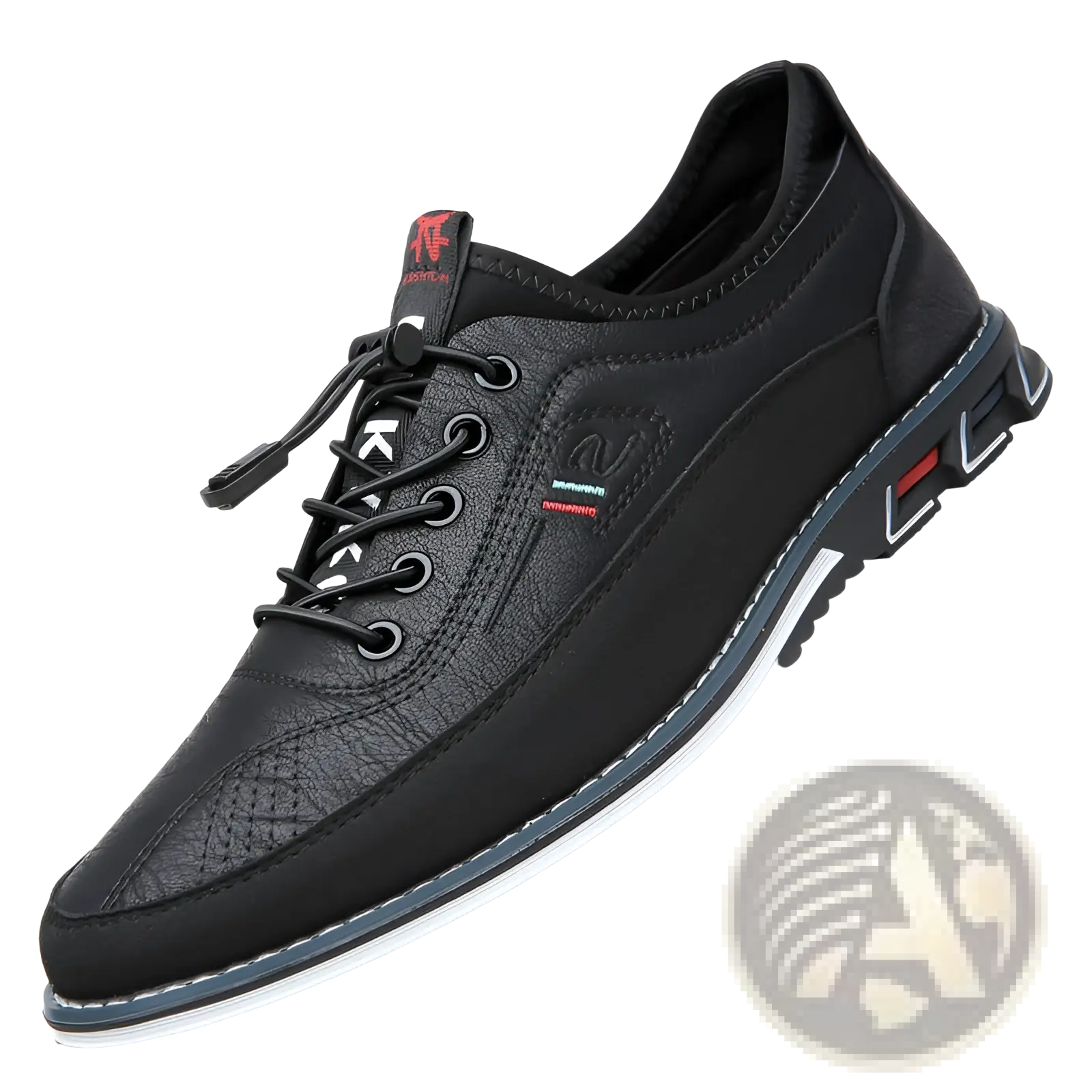 Men’s waterproof genuine leather black sports shoe with textured panels white stitching and red heel accent shown from back