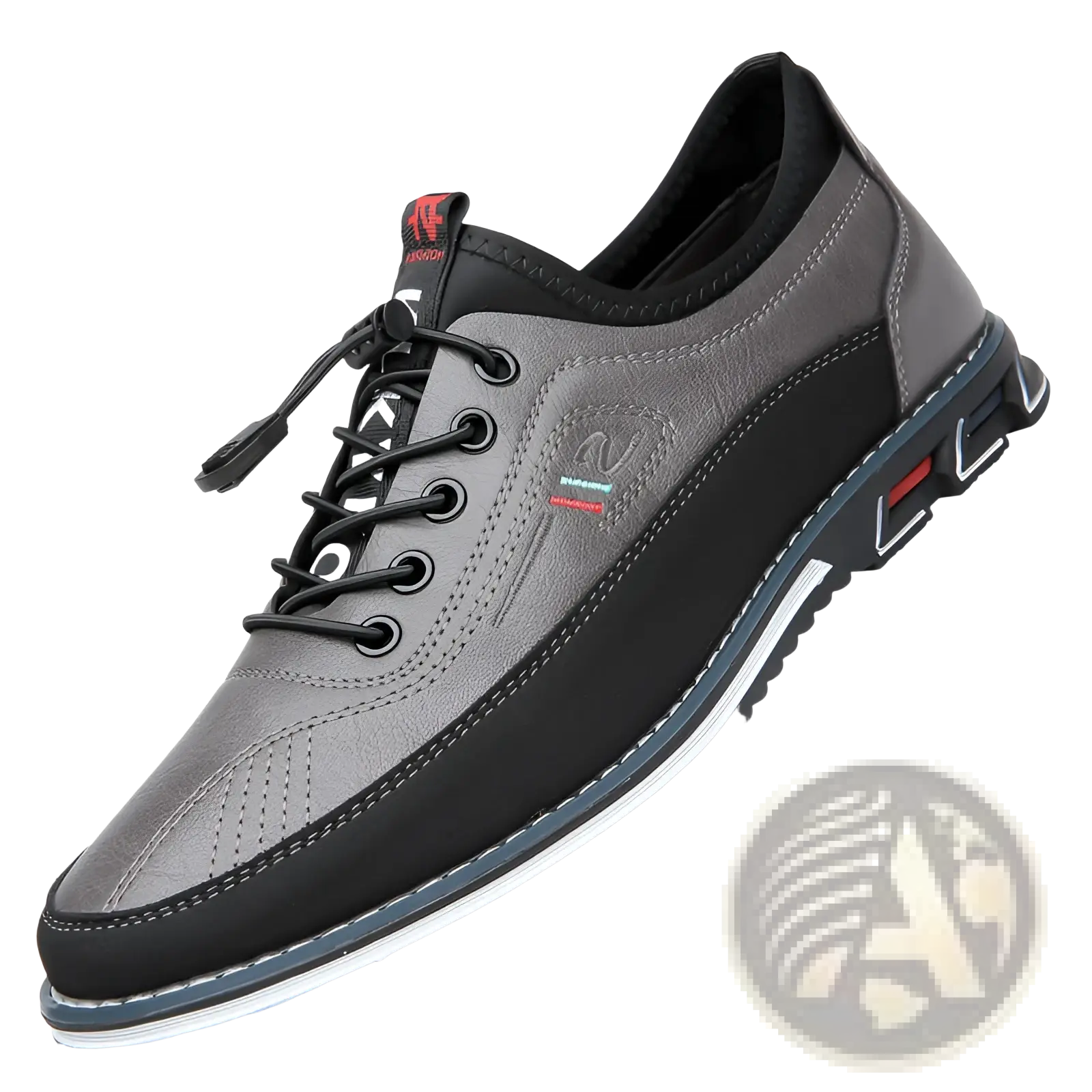 Men’s waterproof genuine leather sports shoe in gray and black leather with white rubber sole and lace-up design