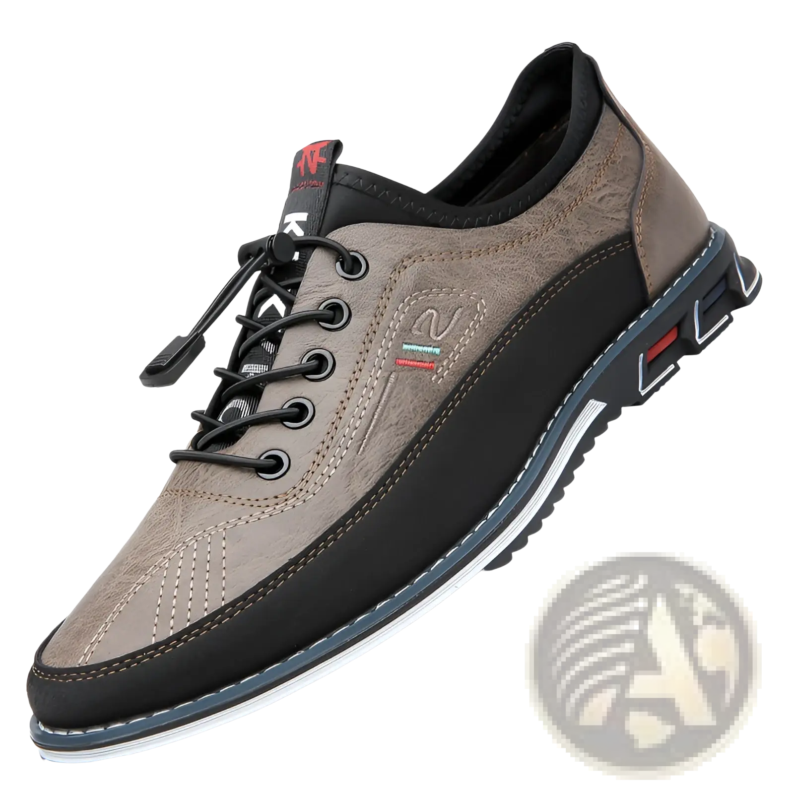 Men’s waterproof genuine leather sports shoe in brown and black with textured upper, contrast stitching, and rugged sole