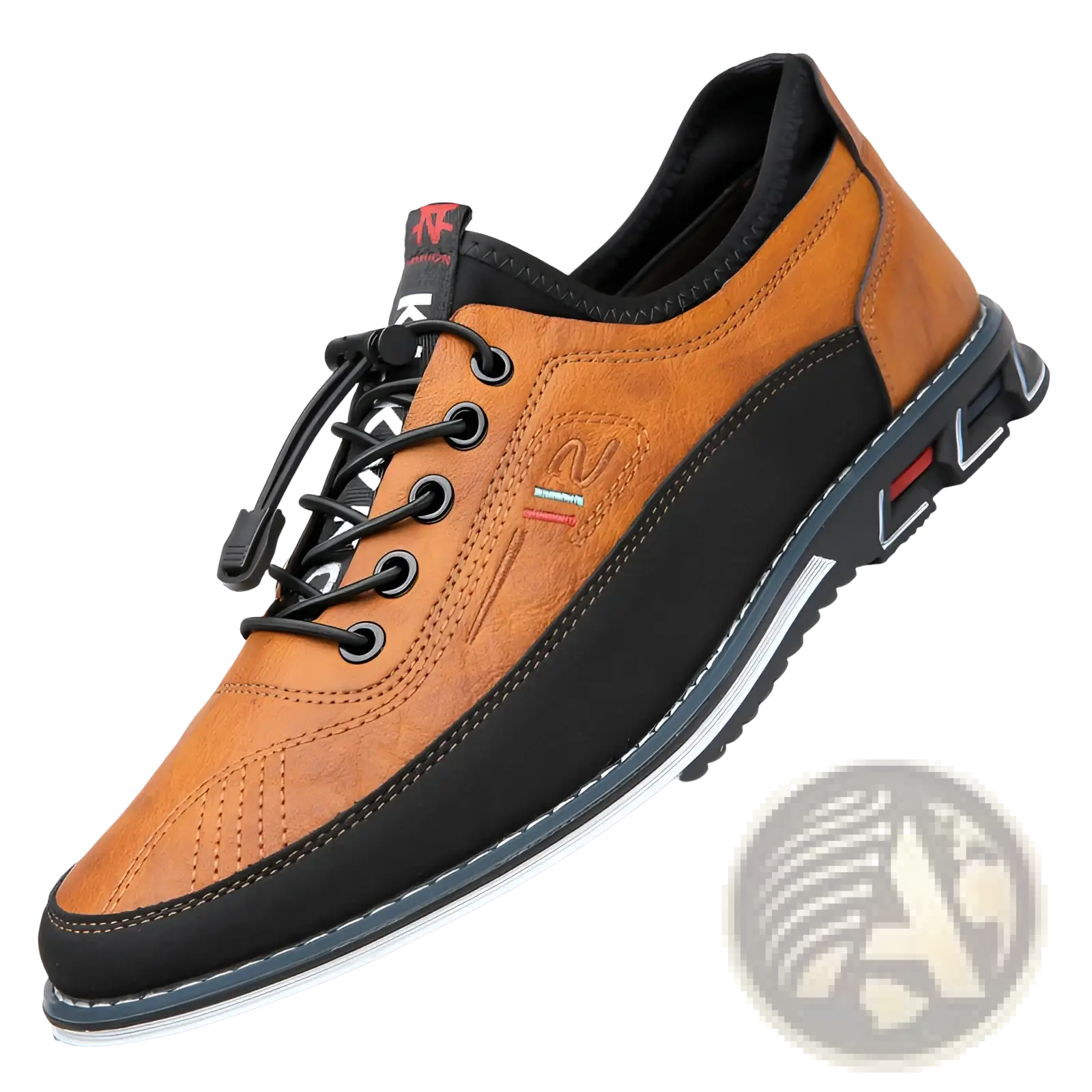 Men’s waterproof genuine leather sports shoe in tan and black with textured upper and rugged rubber sole
