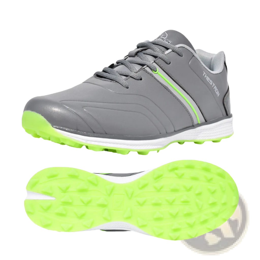 Men’s waterproof golf shoes lightweight gray sport sneakers with neon green accents and thestron branding