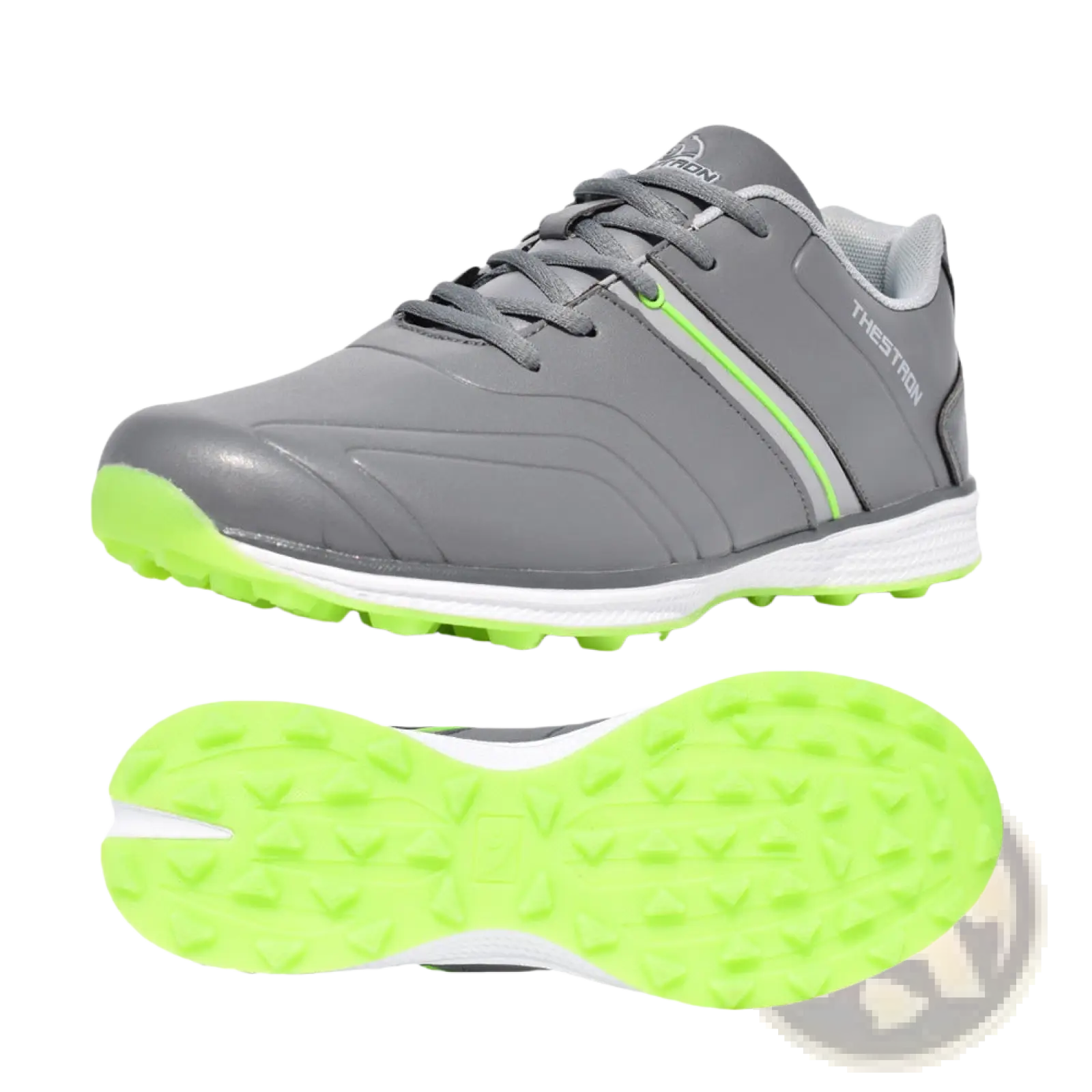 Men’s waterproof golf shoes lightweight gray sport sneakers with neon green accents and thestron branding