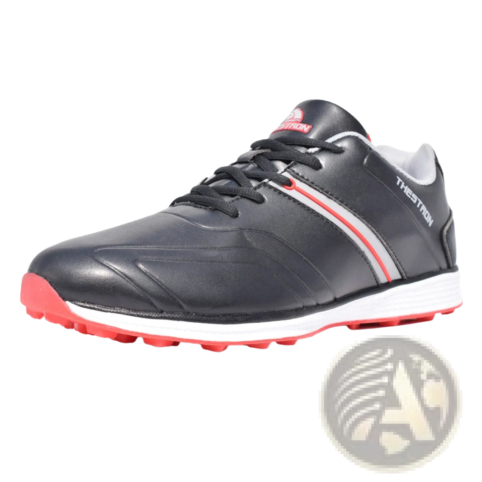 Black leather men’s waterproof golf shoe with red and white accents and a textured rubber sole for lightweight sport use