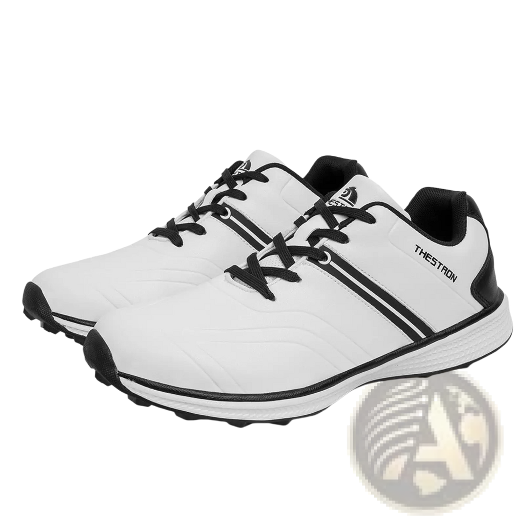 Men’s waterproof golf shoes in white and black with lightweight design and three bold stripes on the side