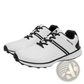 Men’s waterproof golf shoes in white and black with lightweight design and three bold stripes on the side