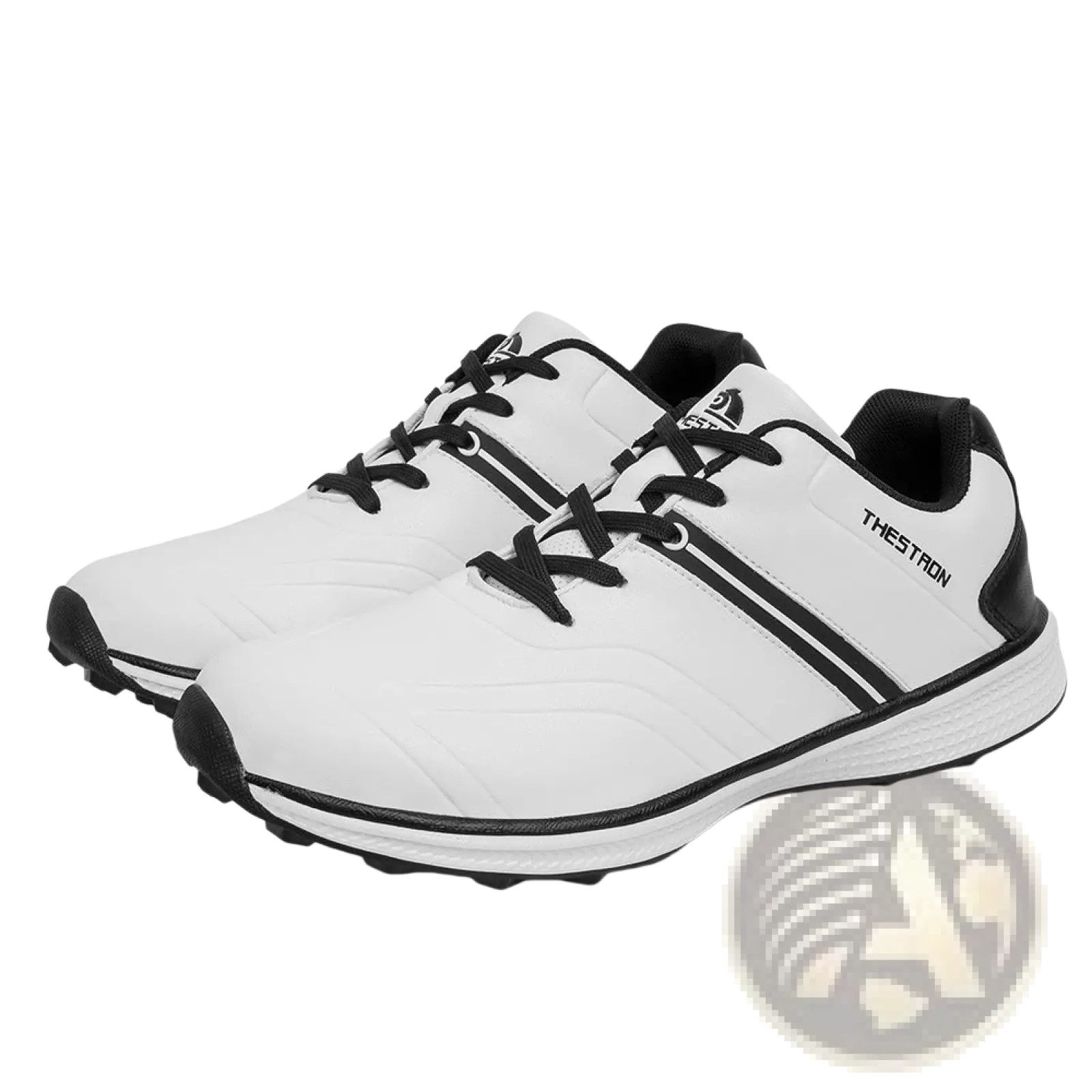 Men’s waterproof golf shoes in white and black with lightweight design and three bold stripes on the side