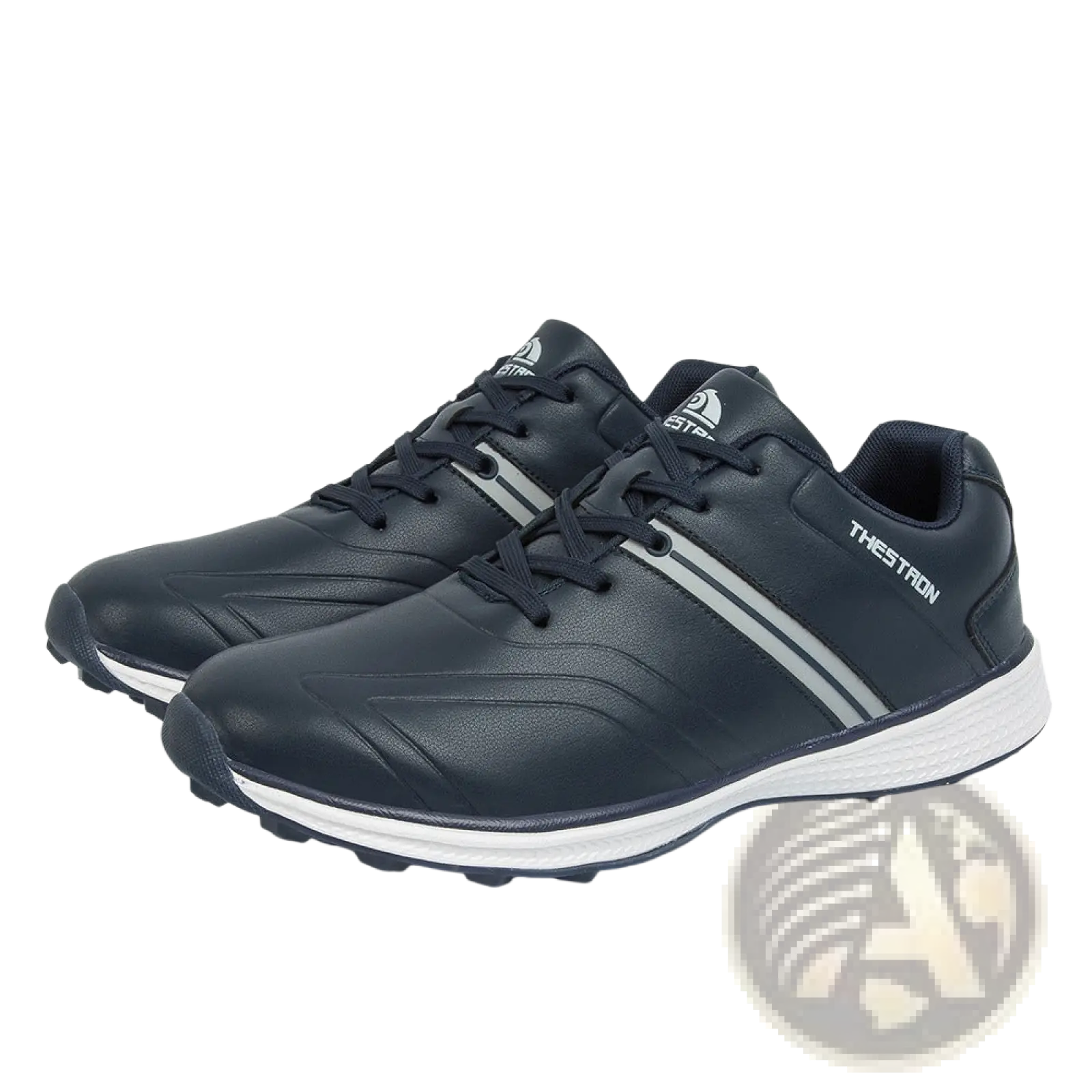 Dark navy leather men’s waterproof golf shoes with silver stripes and white soles lightweight sport sneakers