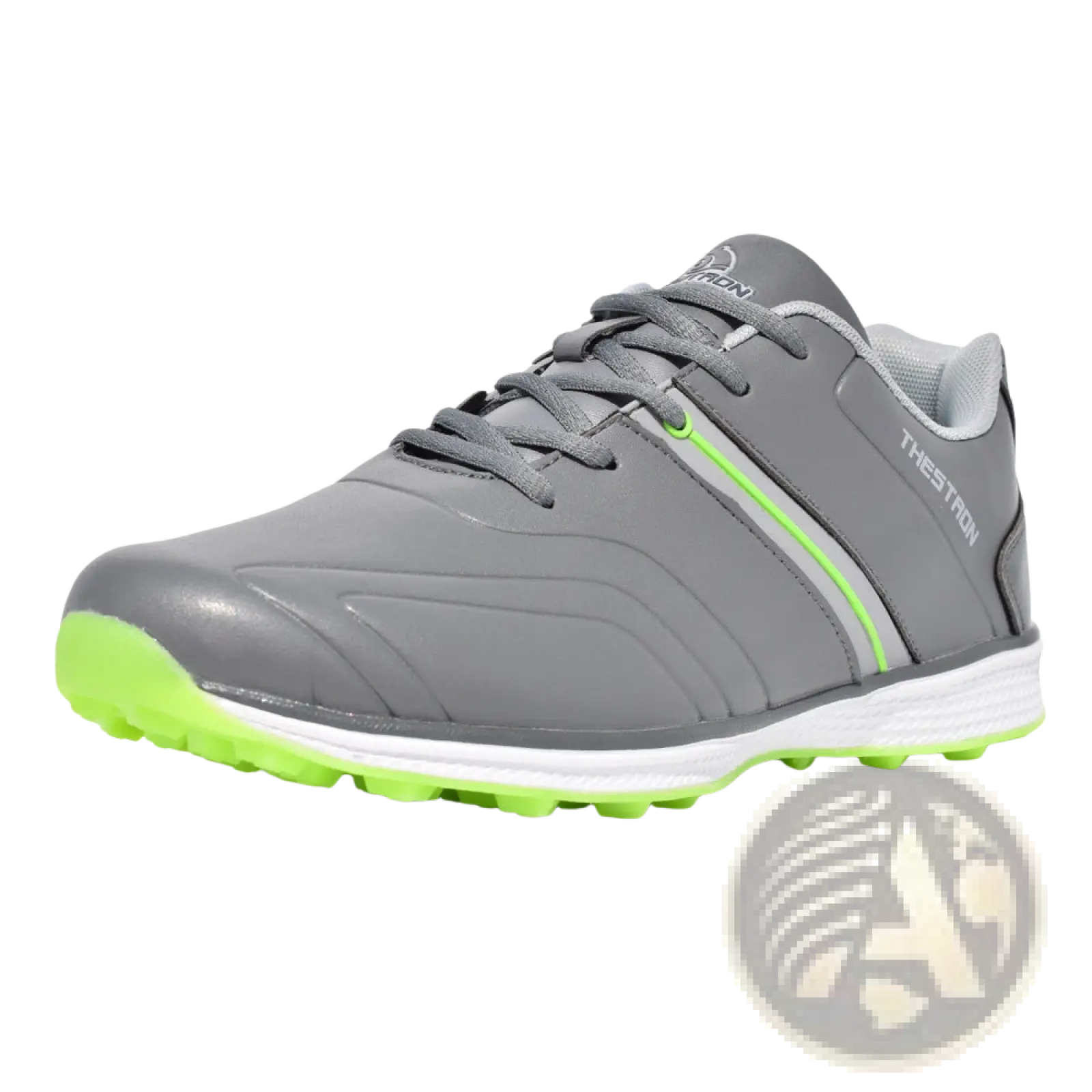Men’s waterproof golf shoes in gray with neon green accents featuring a lightweight textured rubber sole