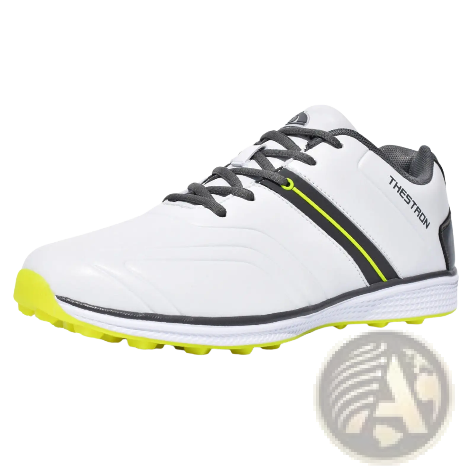 Men’s waterproof golf shoes lightweight sport sneakers in white with black laces and neon yellow sole accents