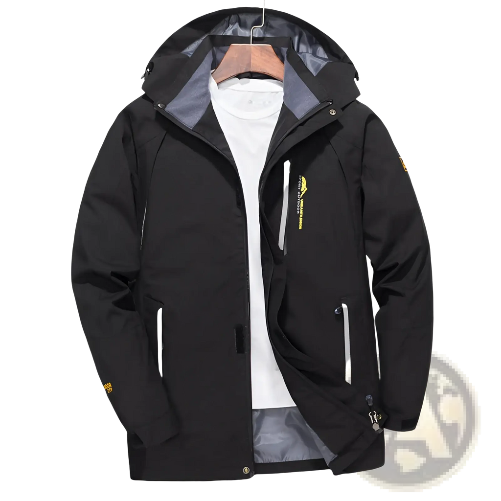 Mens waterproof hiking windbreaker jacket in black with gray lining and yellow branding accents designed for outdoor use