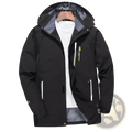 Mens waterproof hiking windbreaker jacket in black with gray lining and yellow branding accents designed for outdoor use