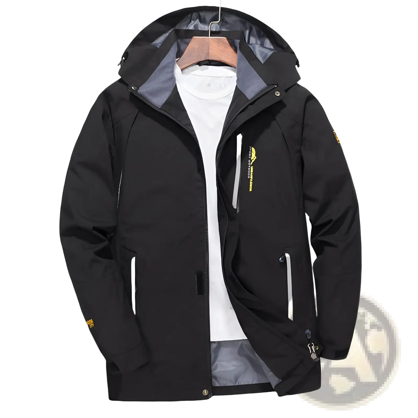 Mens waterproof hiking windbreaker jacket in black with gray lining and yellow branding accents designed for outdoor use