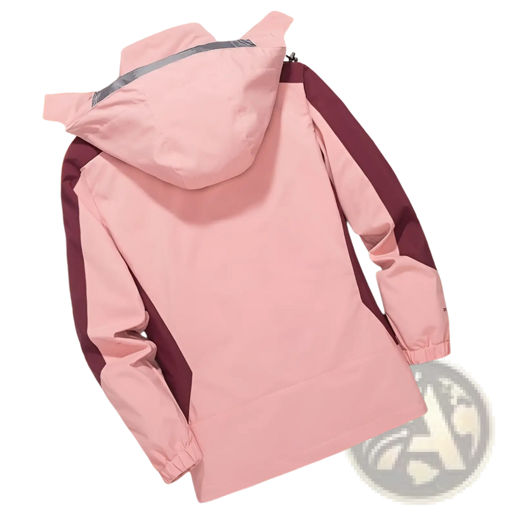 Mens waterproof hiking windbreaker jacket in coral pink and wine red with hood and contrasting sleeve panels