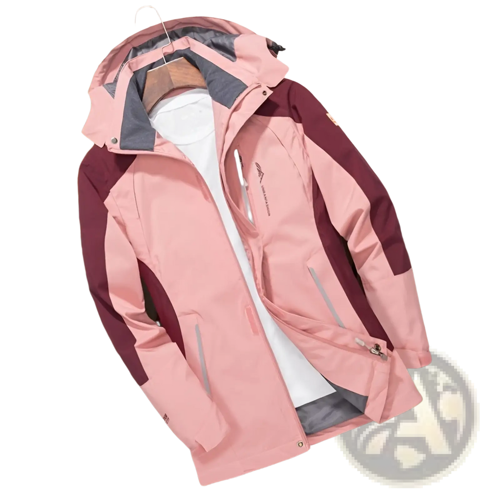 Mens waterproof hiking windbreaker jacket in coral pink and wine red with hood contrasting panels and reflective zippers