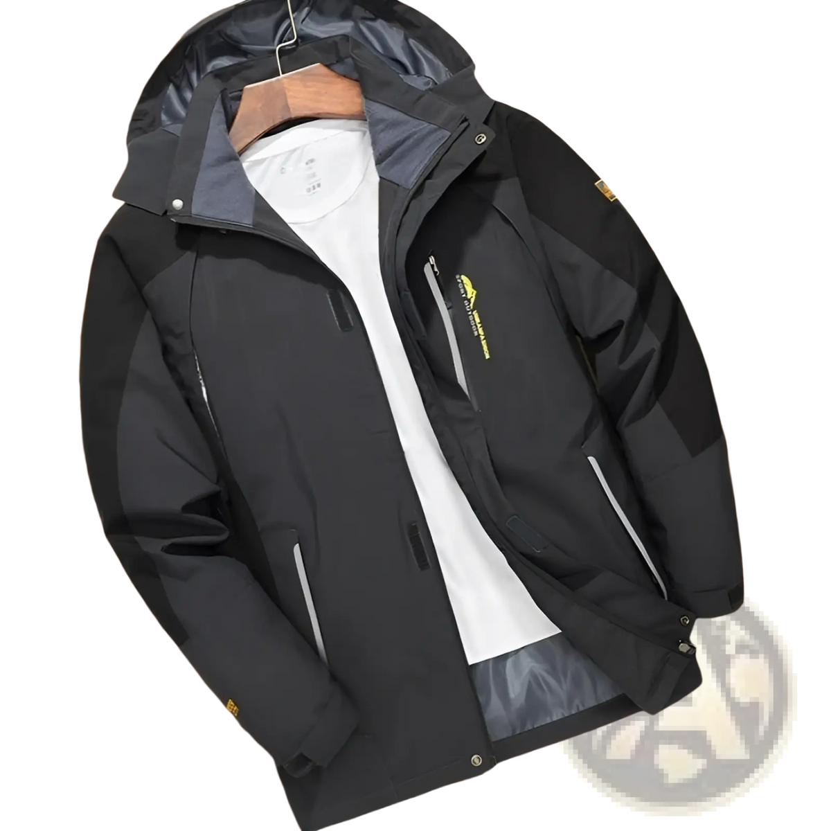 Mens waterproof hiking windbreaker jacket in dark gray and black with hood and reflective silver zipper details