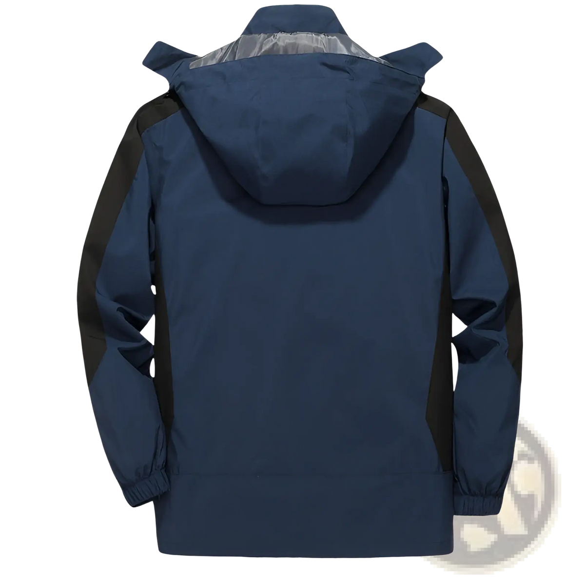 Mens waterproof hiking windbreaker jacket in navy blue and black with reflective inner lining for outdoor use