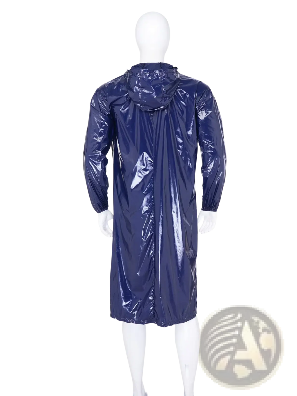 A glossy navy blue mens waterproof hooded raincoat with long sleeves made of shiny waterproof material