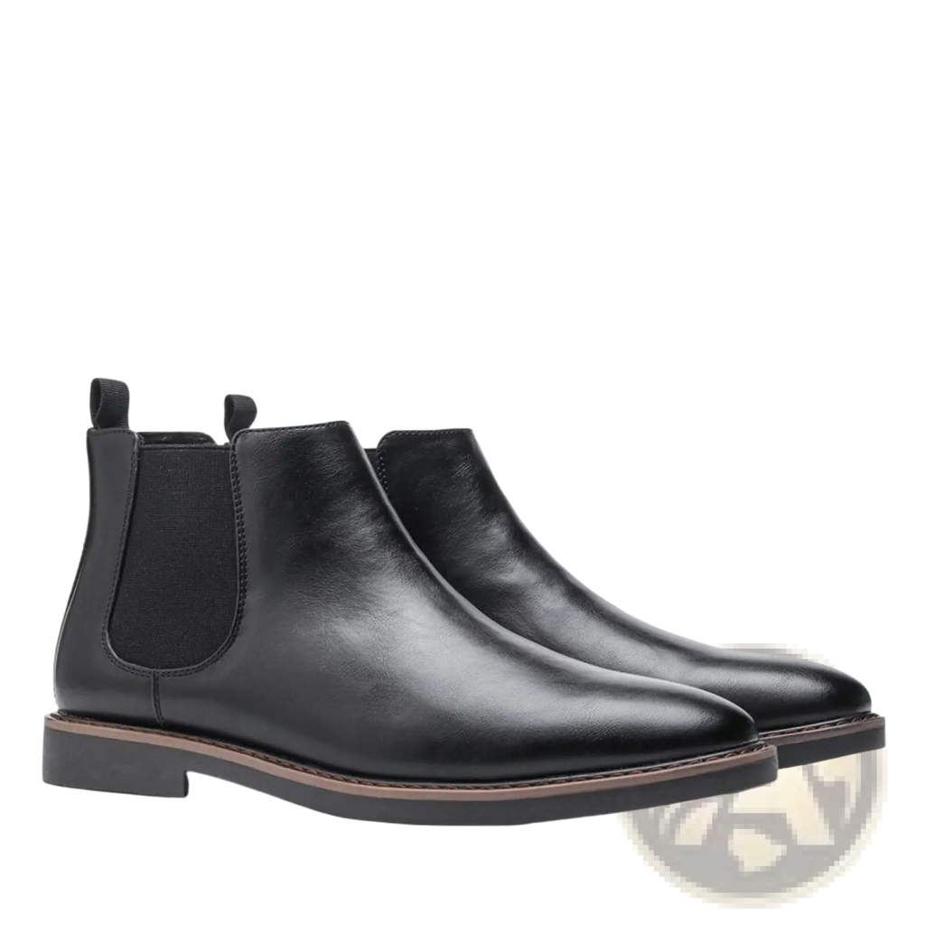 Men’s black waterproof leather chelsea boots with elastic side panels and contrasting tan sole