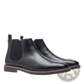 Men’s black waterproof leather chelsea boots with elastic side panels and contrasting tan sole