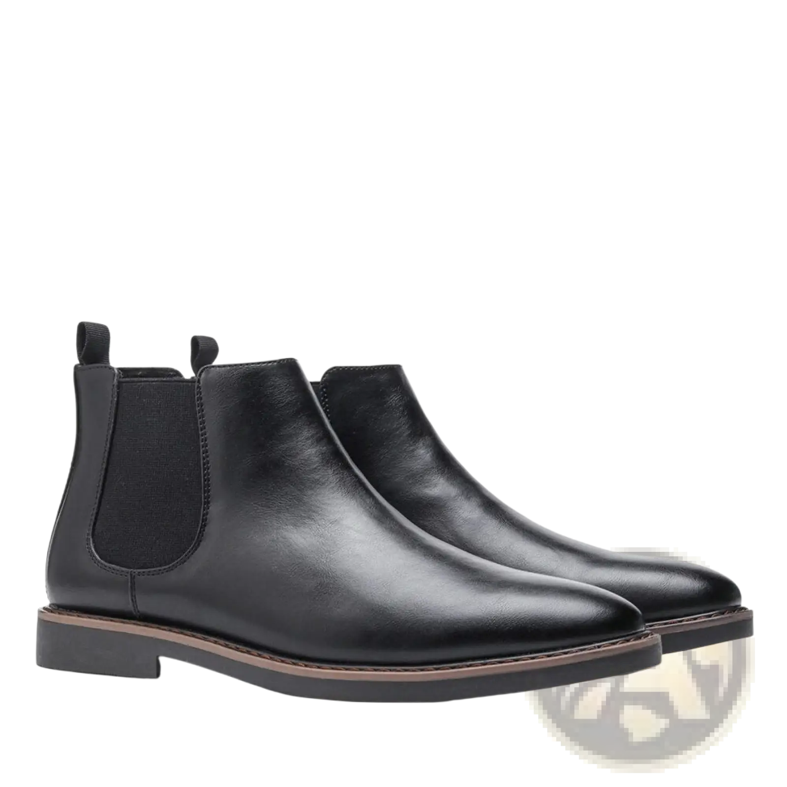 Men’s black waterproof leather chelsea boots with elastic side panels and contrasting tan sole