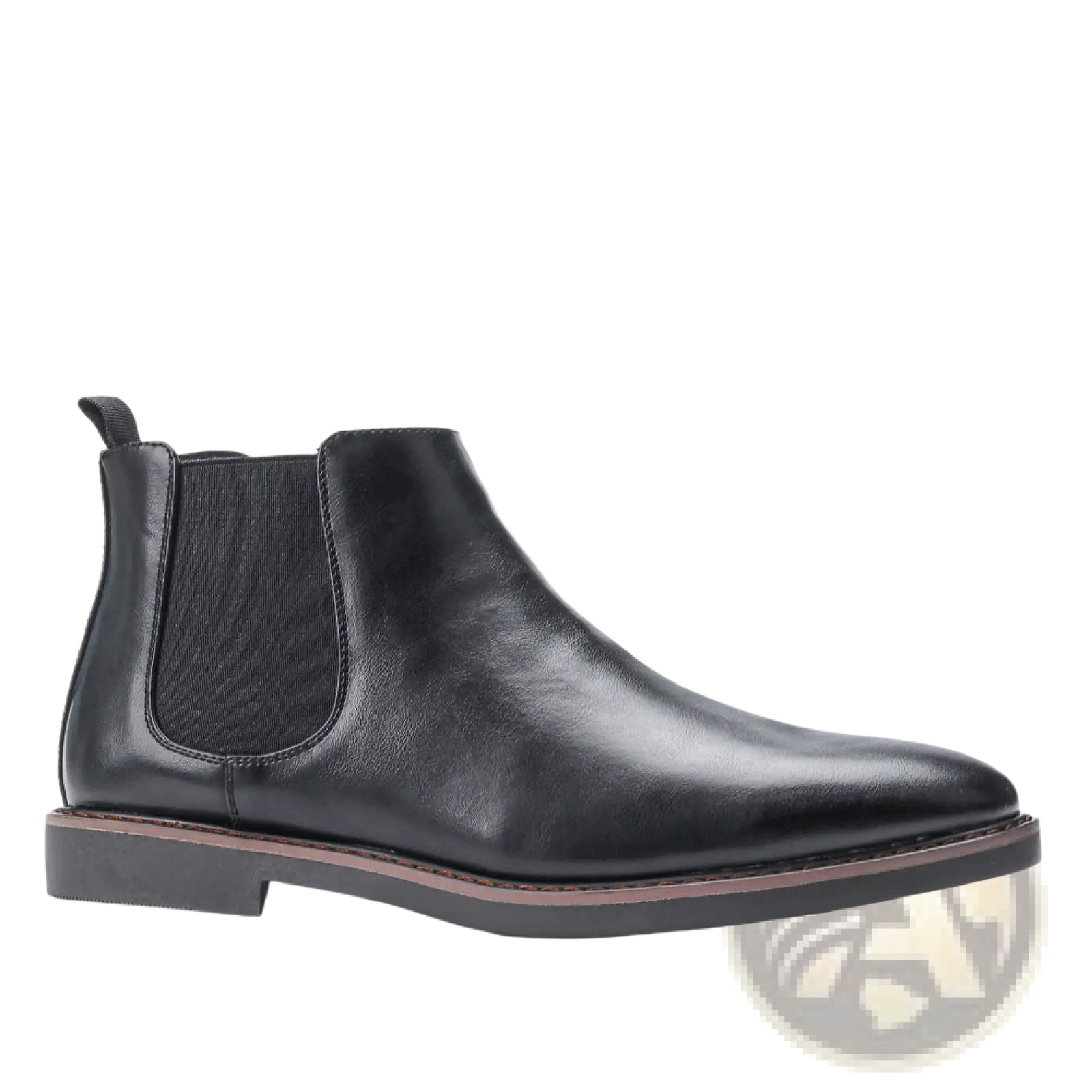 Men’s waterproof black leather Chelsea boot with elastic side panels and contrasting tan sole