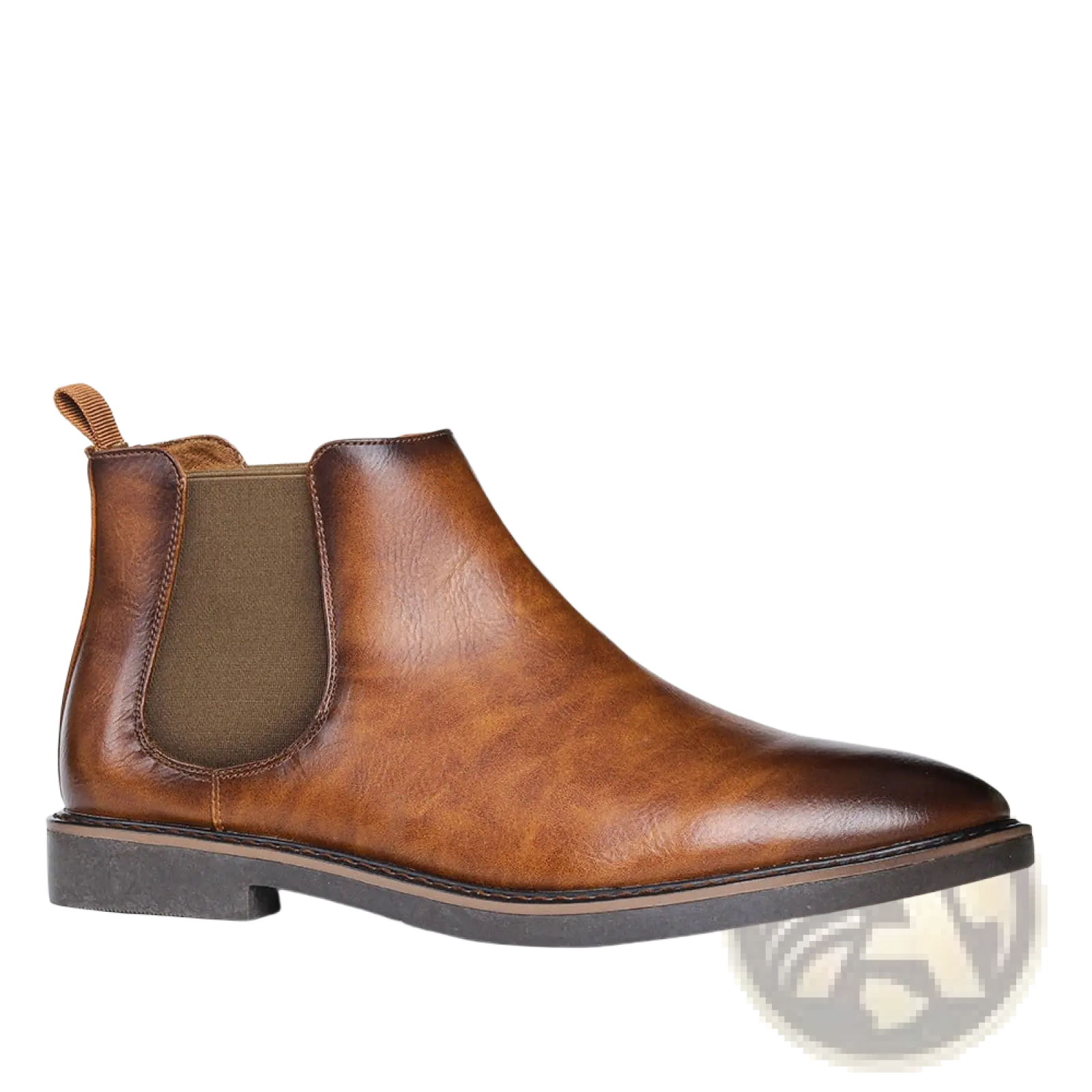 Men’s waterproof leather Chelsea boot in brown with olive green elastic panel and black rubber sole
