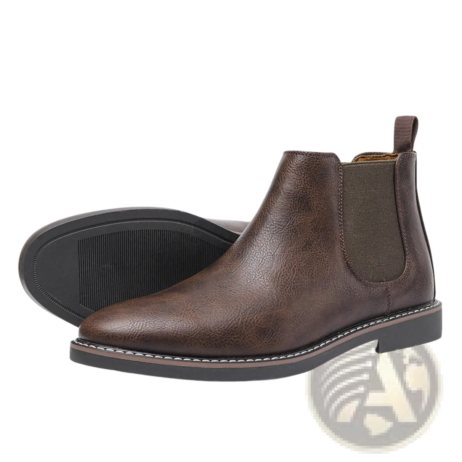 Men’s waterproof brown leather chelsea boot with elastic side panels tan sole and white stitching detail