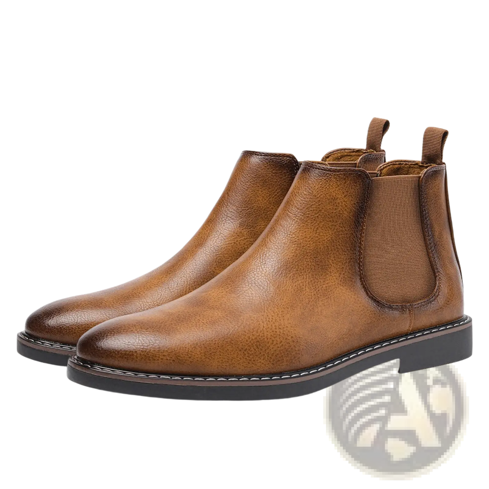 Men’s waterproof brown leather chelsea boots with elastic side panels and a black rubber sole