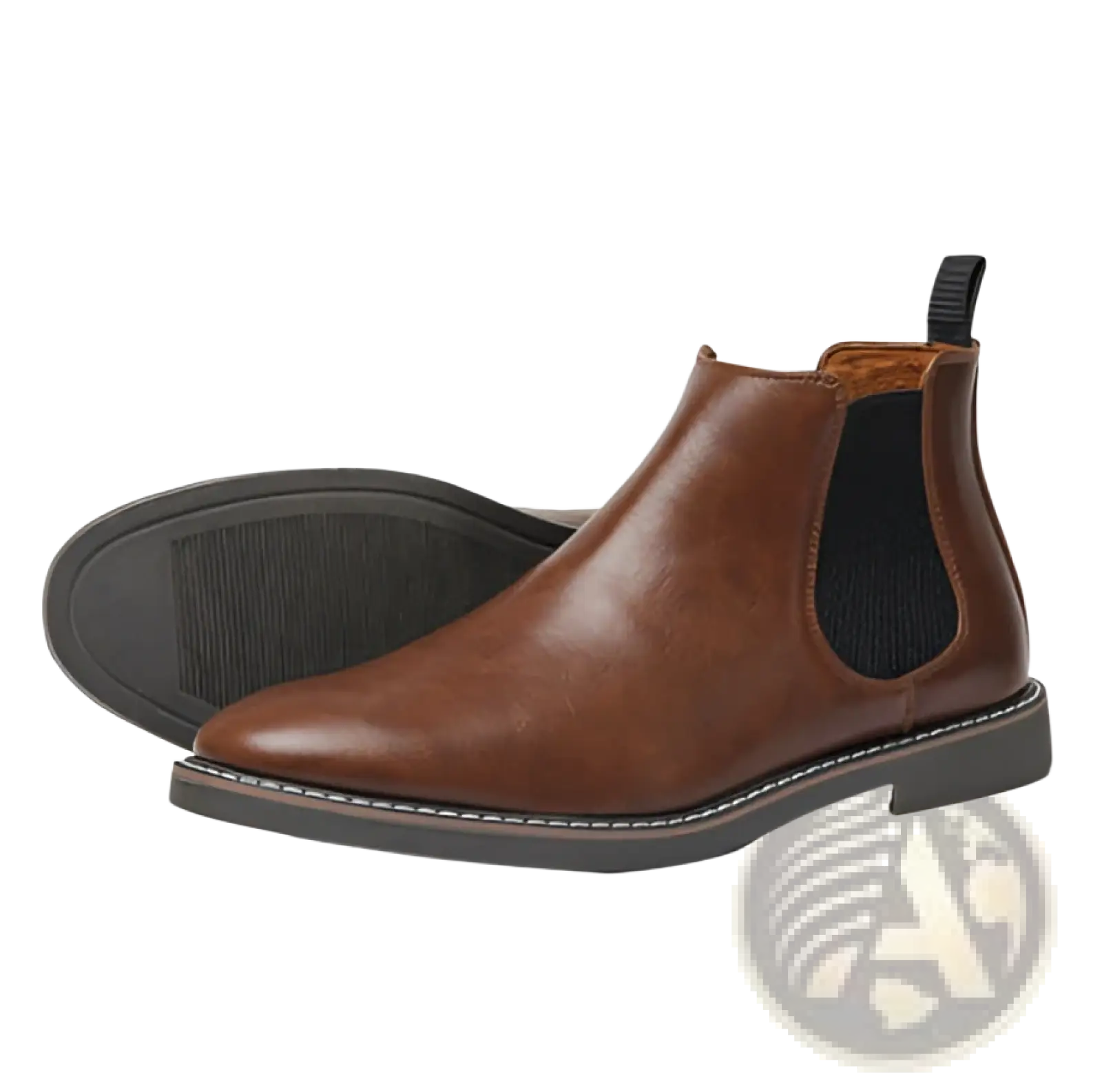 Men’s waterproof brown leather Chelsea boot with black elastic side panels and dark rubber sole front view