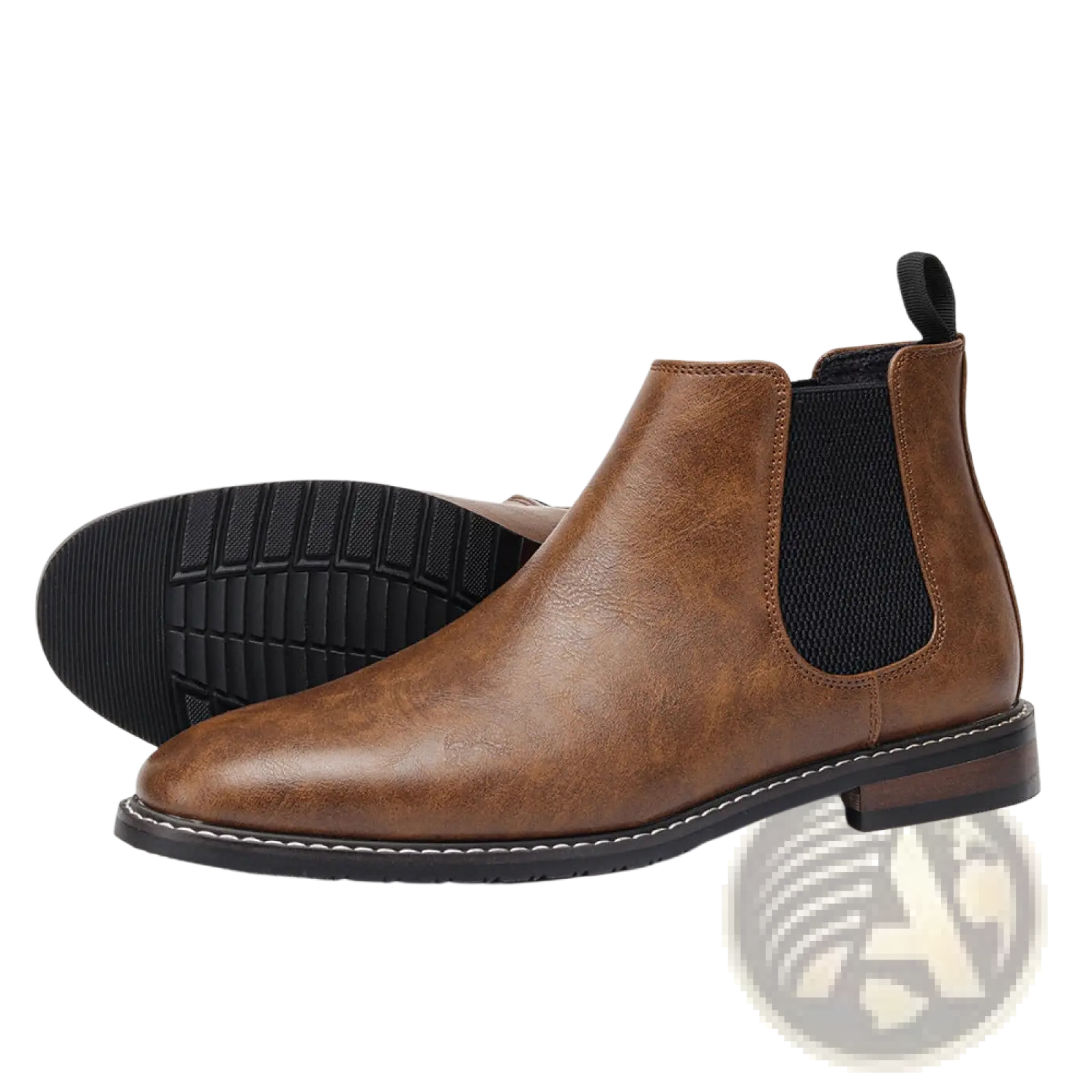 Men’s waterproof brown leather chelsea boots with black elastic panels and white stitching detail, tan sole visible