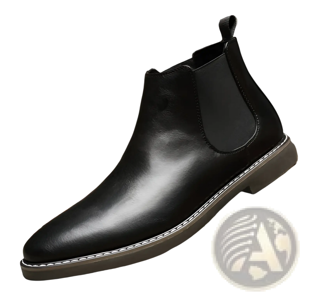 Men’s waterproof black leather Chelsea boot with elastic side panels and white stitching along the tan sole
