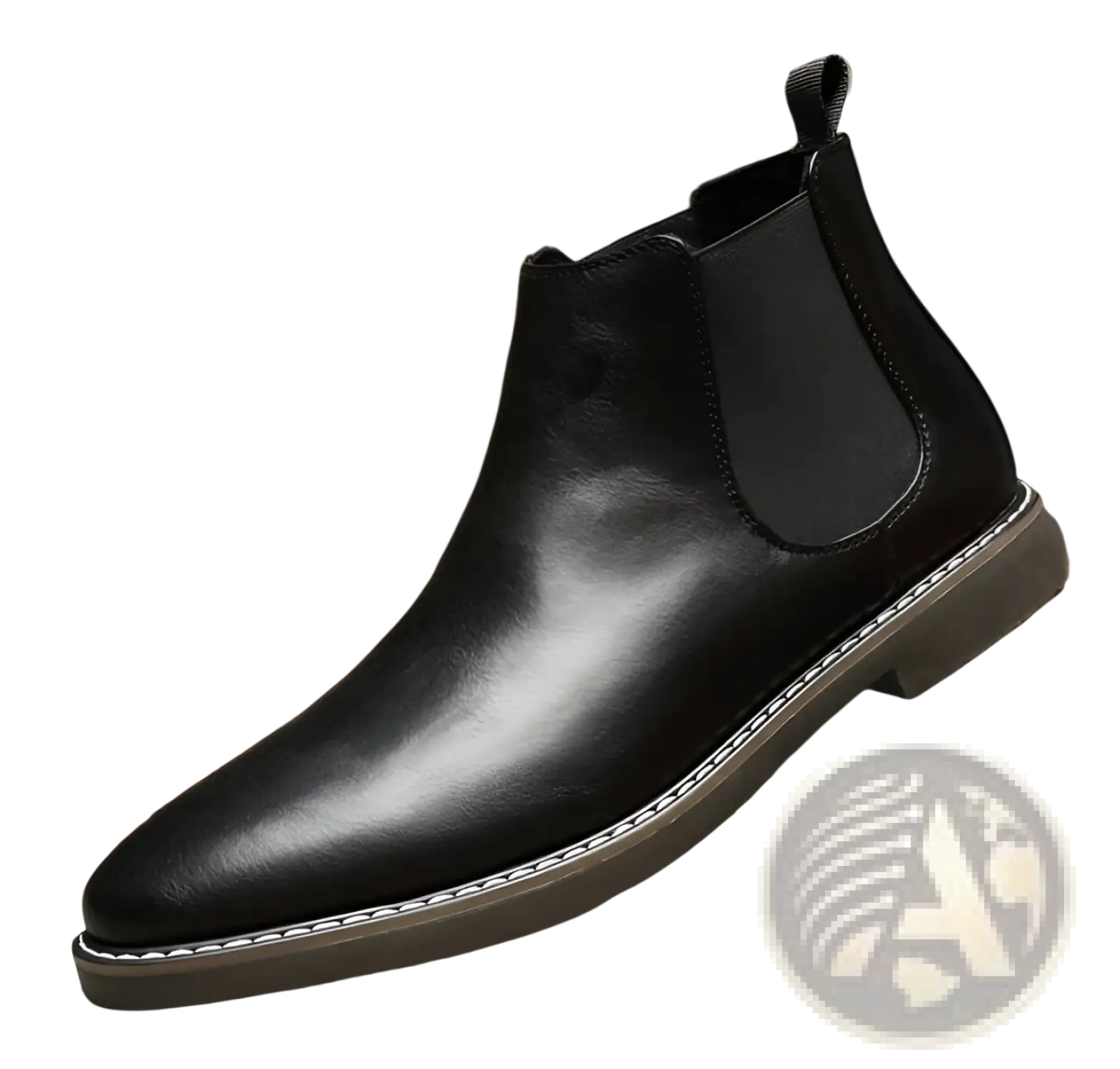 Men’s waterproof black leather Chelsea boot with elastic side panels and white stitching along the tan sole