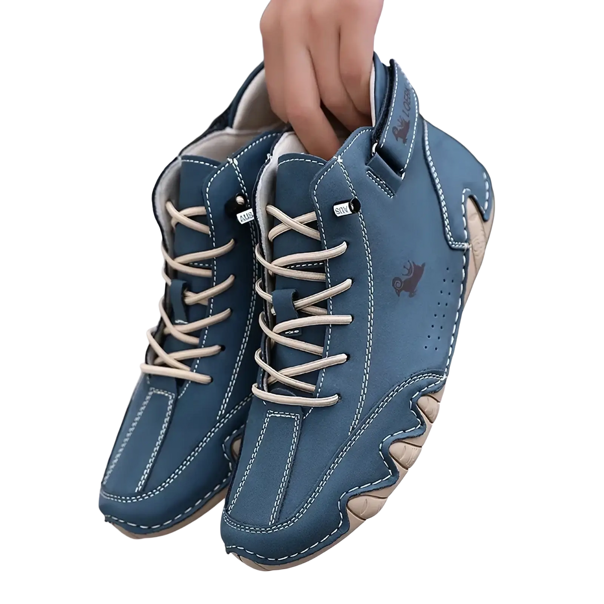 Men’s waterproof leather high top sneakers in blue with beige laces and stitching featuring a rugged sole design