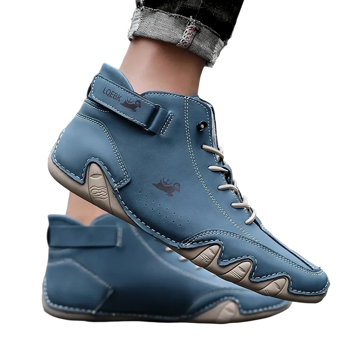 Men’s waterproof leather high top sneakers in blue with beige accents and distinctive wave patterned sole